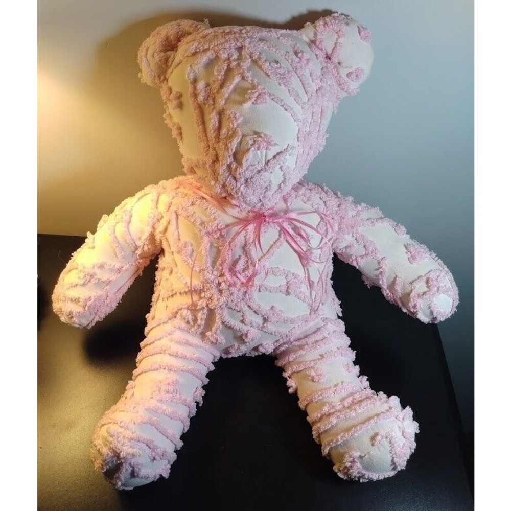 Vintage Chenille Stuffed Teddy Bear Pink Bedspread Handmade